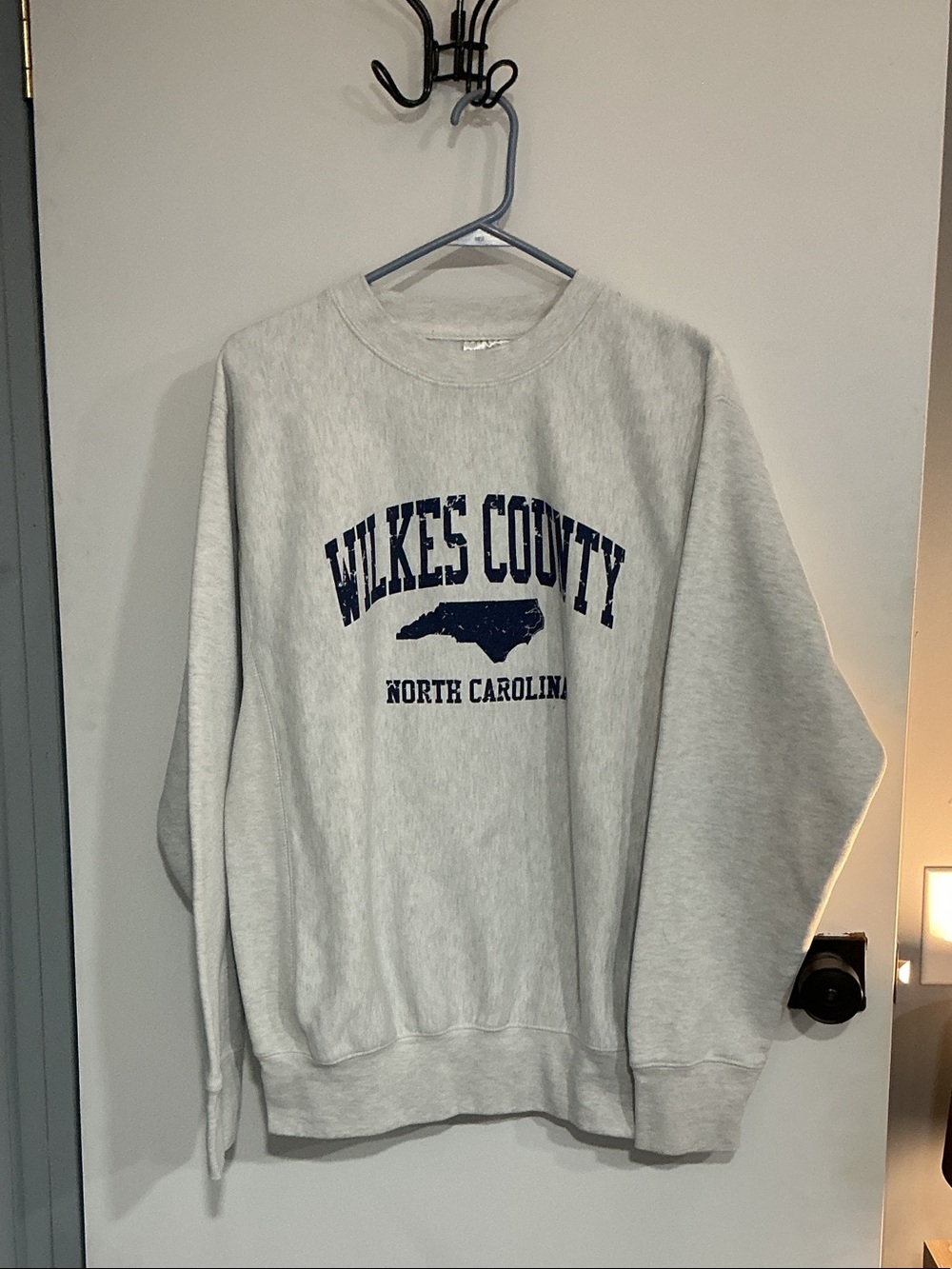 Gray Crewneck Sweatshirt with Navy Wilkes County Graphic